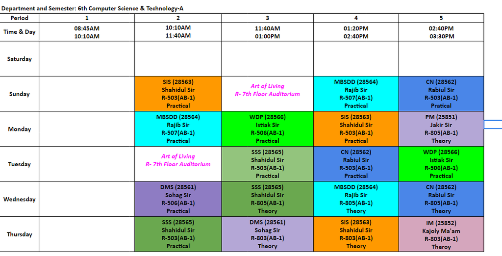 Class Routine 6th CST-A